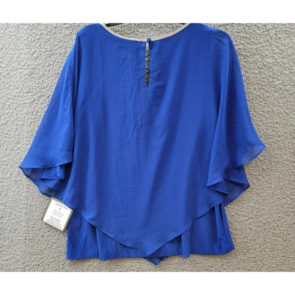 MSK Embellished Overlay Top Women's XL Goddess Blue Solid Scoop Neck Button Back - Picture 10 of 14
